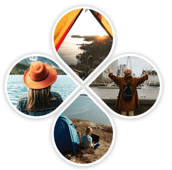 Collage en forma de trébol de cuatro hojas con fotos de viajes: una vista desde una carpa hacia un lago al atardecer, una mujer con sombrero mirando un lago rodeado de montañas, una persona con los brazos extendidos frente a un paisaje urbano con una rueda de la fortuna, y una persona usando una laptop junto a una carpa frente al mar.